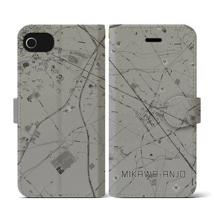 【三河安城（愛知県）】地図柄iPhoneケース（手帳タイプ）モノトーン・iPhone SE（第3 / 第2世代） / 8 / 7 / 6s / 6 用