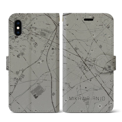 【三河安城（愛知県）】地図柄iPhoneケース（手帳タイプ）モノトーン・iPhone XS / X 用