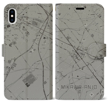 【三河安城（愛知県）】地図柄iPhoneケース（手帳タイプ）モノトーン・iPhone XS Max 用