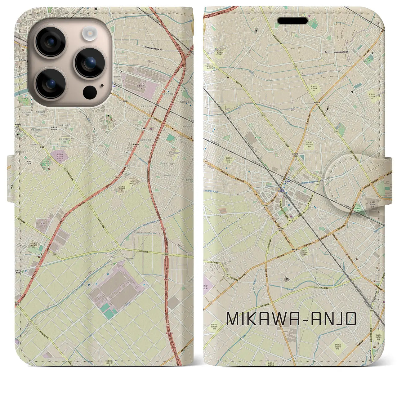 【三河安城（愛知県）】地図柄iPhoneケース（手帳タイプ）ナチュラル・iPhone 16 Plus 用