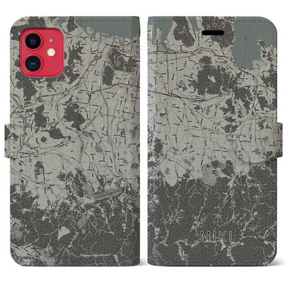 【三木（香川県）】地図柄iPhoneケース（手帳タイプ）モノトーン・iPhone 11 用