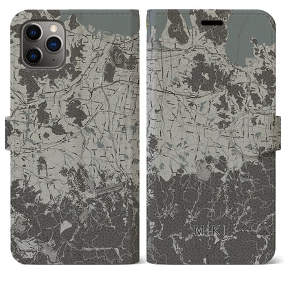 【三木（香川県）】地図柄iPhoneケース（手帳タイプ）モノトーン・iPhone 11 Pro Max 用