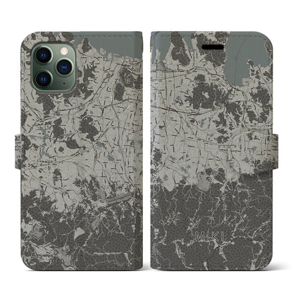 【三木（香川県）】地図柄iPhoneケース（手帳タイプ）モノトーン・iPhone 11 Pro 用