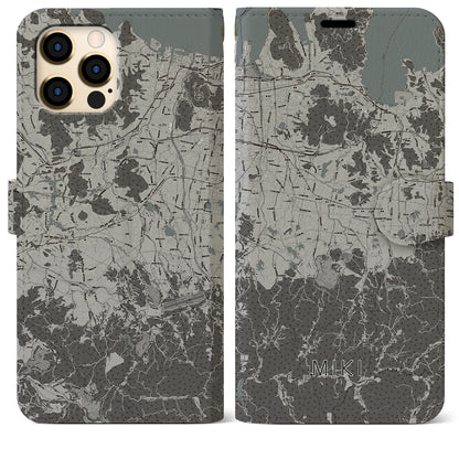 【三木（香川県）】地図柄iPhoneケース（手帳タイプ）モノトーン・iPhone 12 Pro Max 用