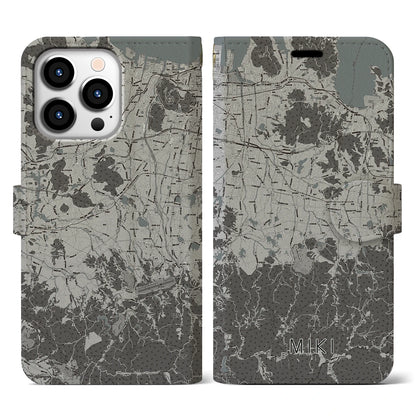 【三木（香川県）】地図柄iPhoneケース（手帳タイプ）モノトーン・iPhone 13 Pro 用