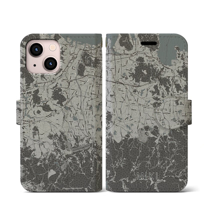 【三木（香川県）】地図柄iPhoneケース（手帳タイプ）モノトーン・iPhone 13 mini 用