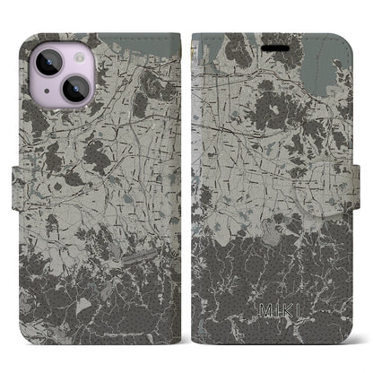 【三木（香川県）】地図柄iPhoneケース（手帳タイプ）モノトーン・iPhone 14 用