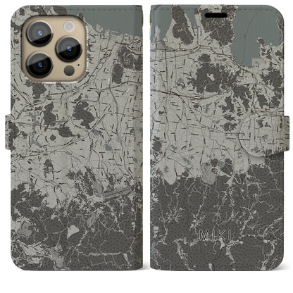 【三木（香川県）】地図柄iPhoneケース（手帳タイプ）モノトーン・iPhone 14 Pro Max 用