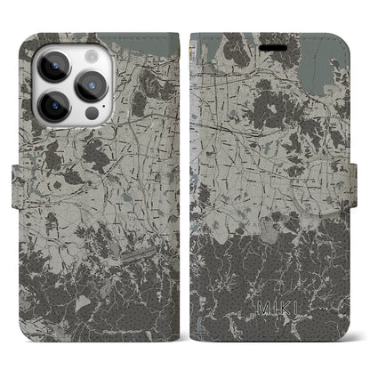 【三木（香川県）】地図柄iPhoneケース（手帳タイプ）モノトーン・iPhone 14 Pro 用