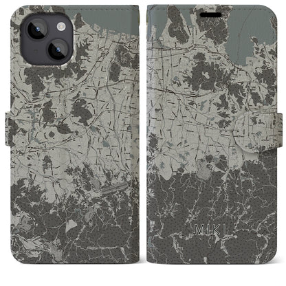 【三木（香川県）】地図柄iPhoneケース（手帳タイプ）モノトーン・iPhone 14 Plus 用