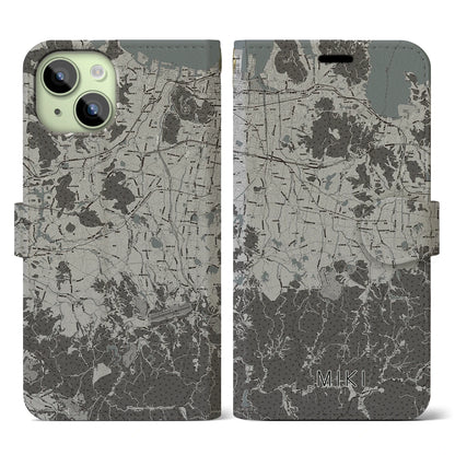 【三木（香川県）】地図柄iPhoneケース（手帳タイプ）モノトーン・iPhone 15 用