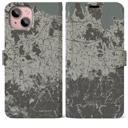 【三木（香川県）】地図柄iPhoneケース（手帳タイプ）モノトーン・iPhone 15 Plus 用