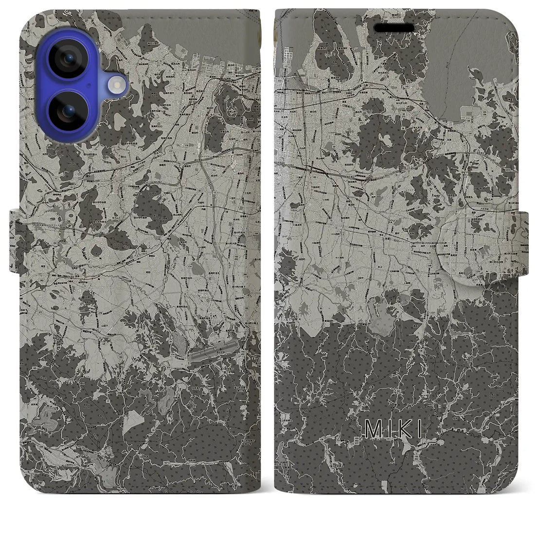 【三木(香川県)】地図柄iPhoneケース(手帳タイプ)モノトーン・iPhone 16 Pro Max 用