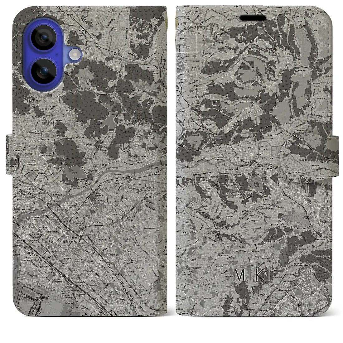 【三木(兵庫県)】地図柄iPhoneケース(手帳タイプ)モノトーン・iPhone 16 Pro Max 用