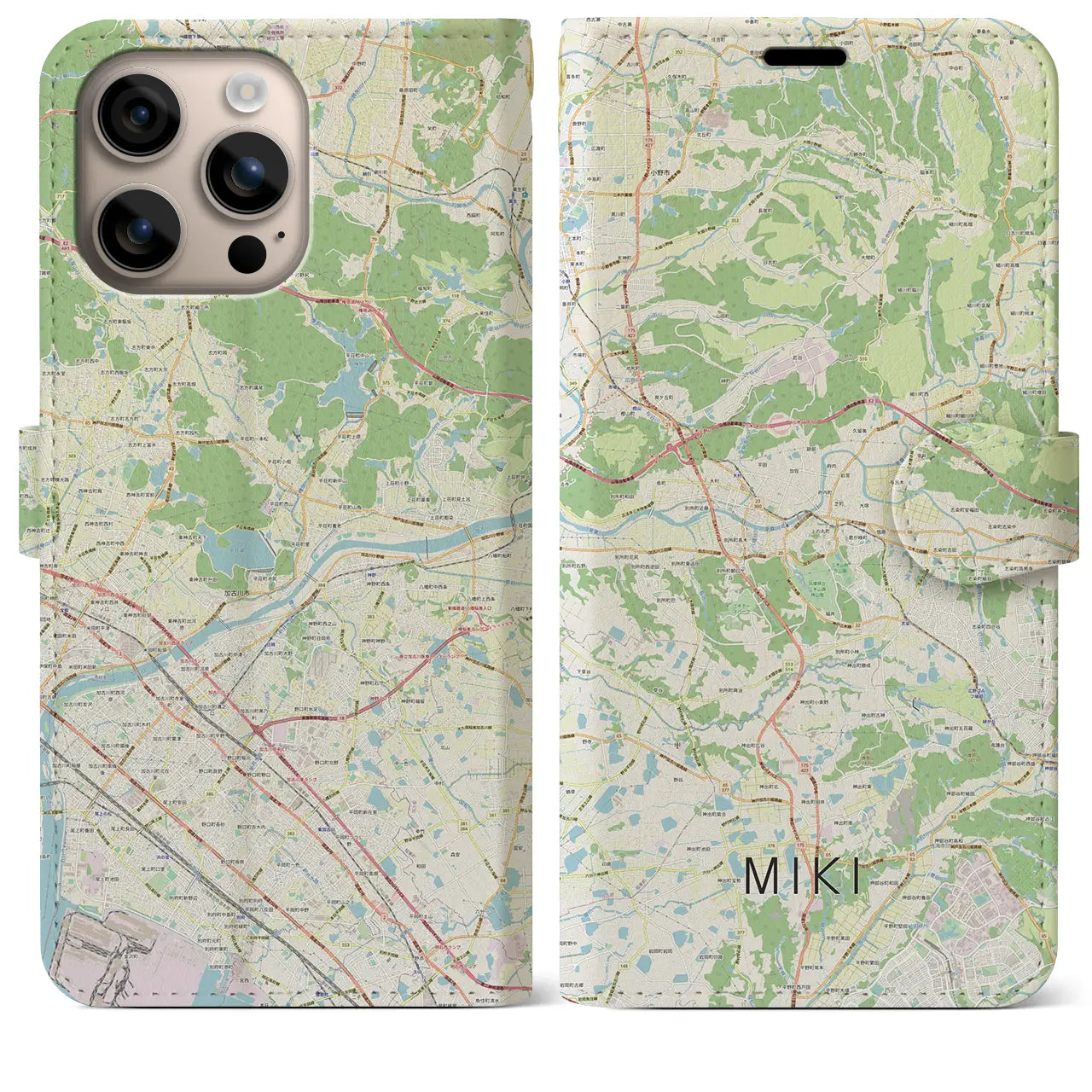 【三木（兵庫県）】地図柄iPhoneケース（手帳タイプ）ナチュラル・iPhone 16 Plus 用