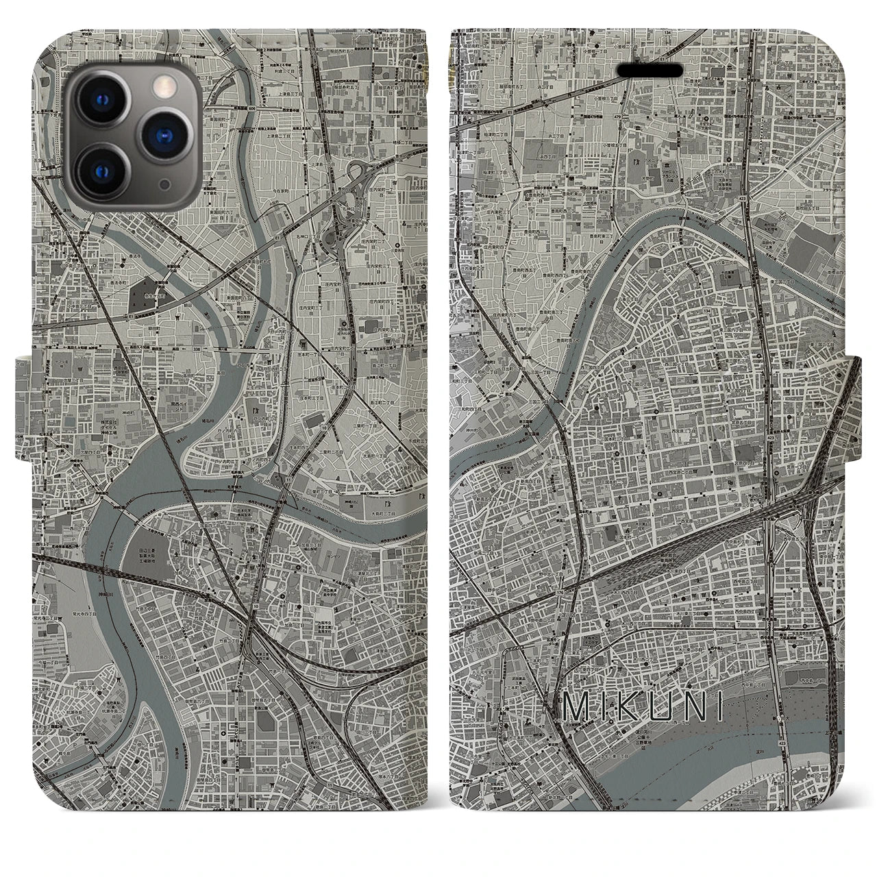 【三国（大阪府）】地図柄iPhoneケース（手帳両面タイプ・モノトーン）iPhone 11 Pro Max 用