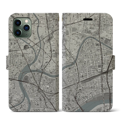 【三国（大阪府）】地図柄iPhoneケース（手帳タイプ）モノトーン・iPhone 11 Pro 用