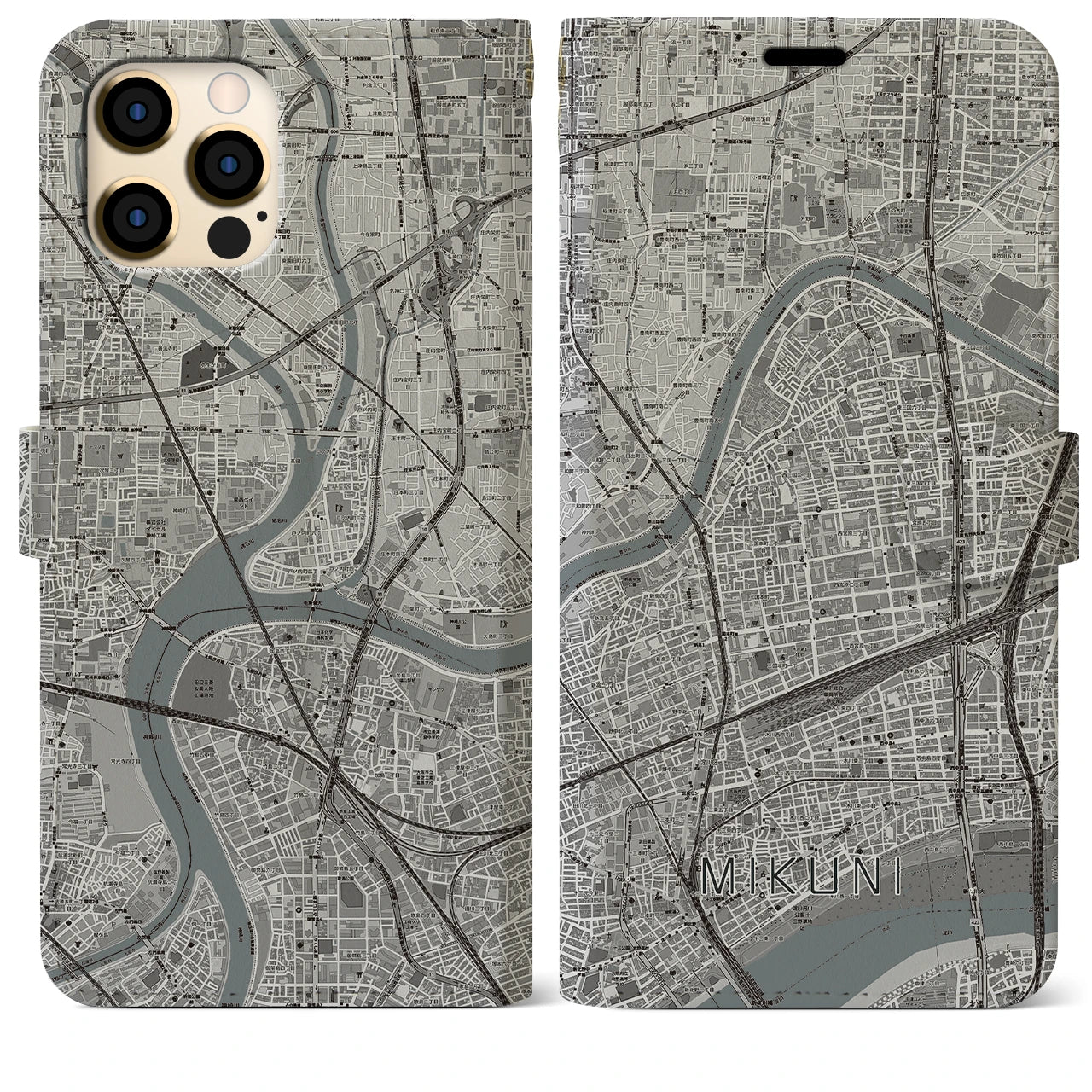 【三国（大阪府）】地図柄iPhoneケース（手帳両面タイプ・モノトーン）iPhone 12 Pro Max 用