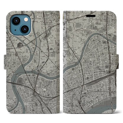 【三国（大阪府）】地図柄iPhoneケース（手帳タイプ）モノトーン・iPhone 13 用