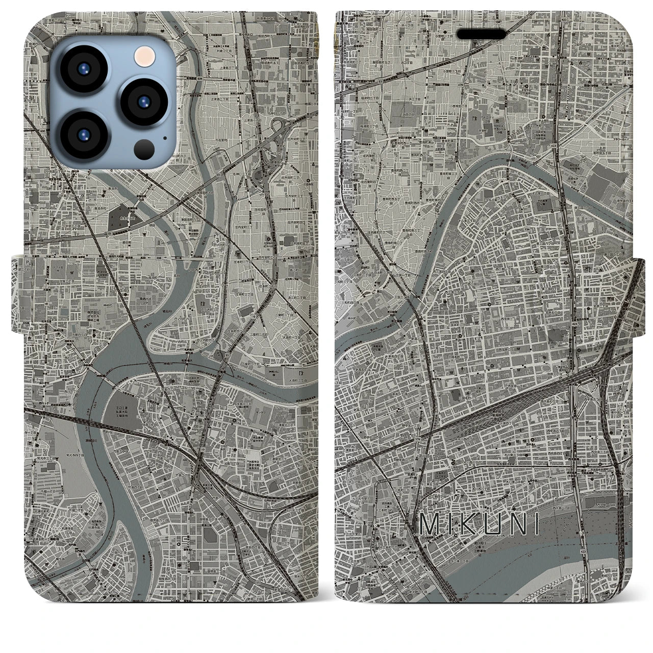 【三国（大阪府）】地図柄iPhoneケース（手帳両面タイプ・モノトーン）iPhone 13 Pro Max 用