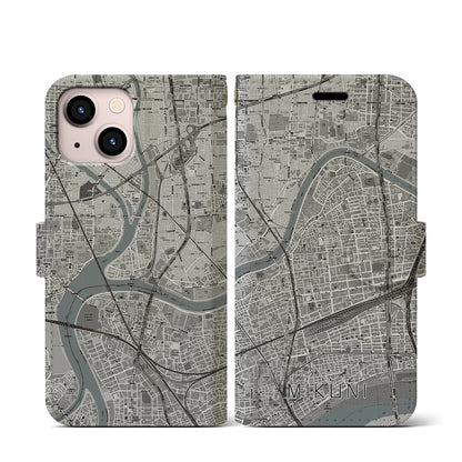 【三国（大阪府）】地図柄iPhoneケース（手帳タイプ）モノトーン・iPhone 13 mini 用