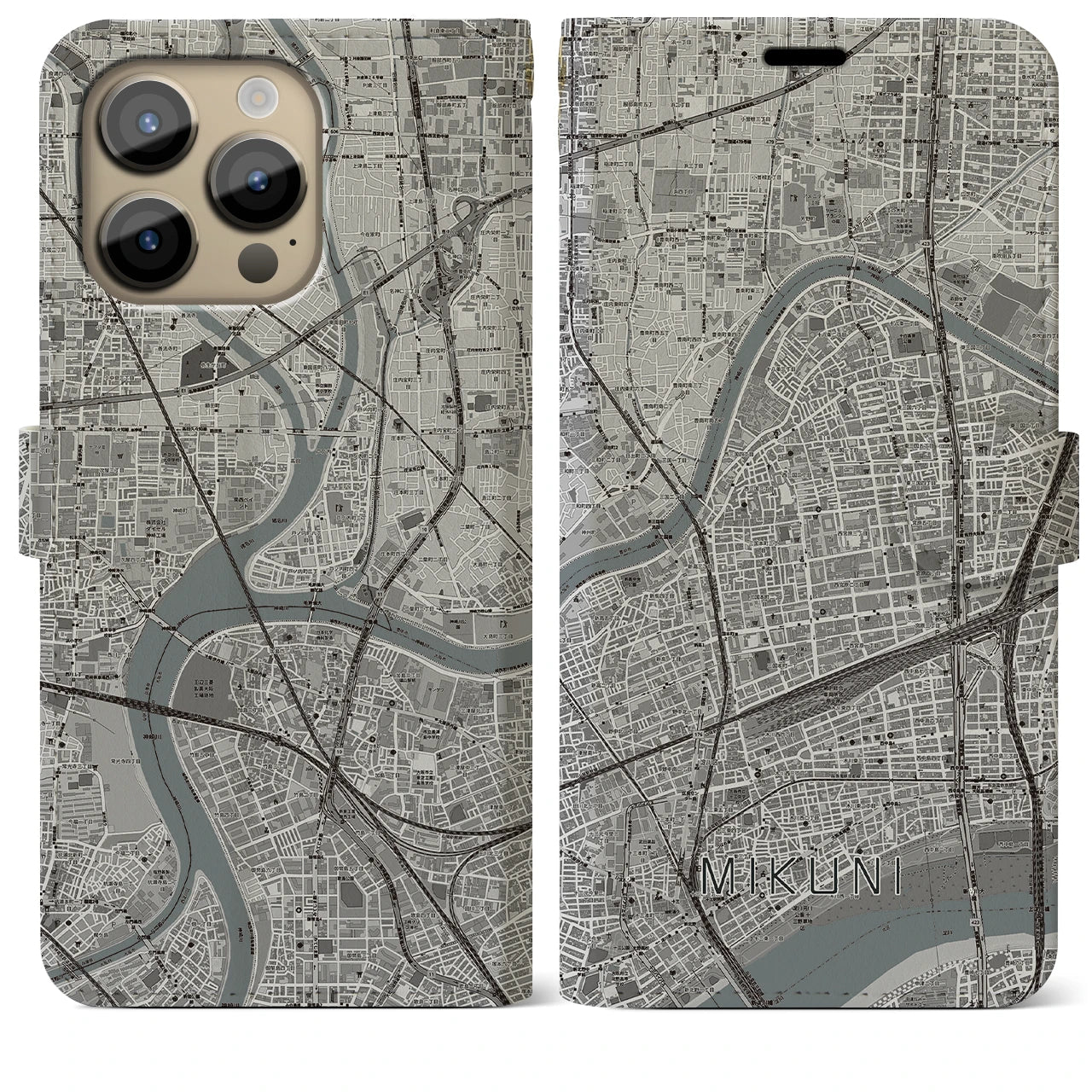 【三国（大阪府）】地図柄iPhoneケース（手帳両面タイプ・モノトーン）iPhone 14 Pro Max 用