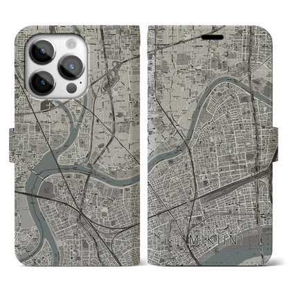 【三国（大阪府）】地図柄iPhoneケース（手帳タイプ）モノトーン・iPhone 14 Pro 用