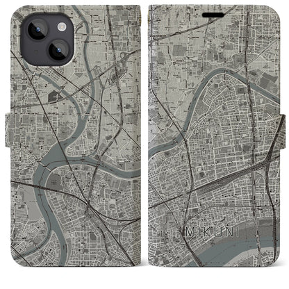 【三国（大阪府）】地図柄iPhoneケース（手帳タイプ）モノトーン・iPhone 14 Plus 用