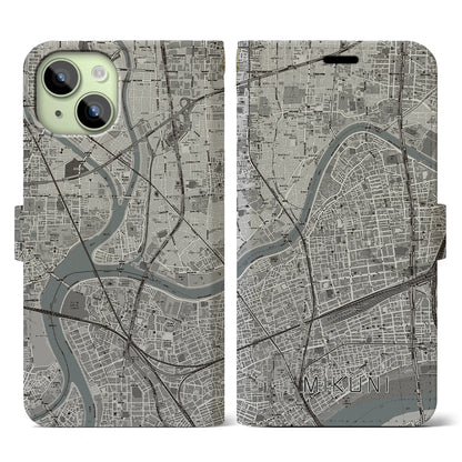 【三国（大阪府）】地図柄iPhoneケース（手帳タイプ）モノトーン・iPhone 15 用