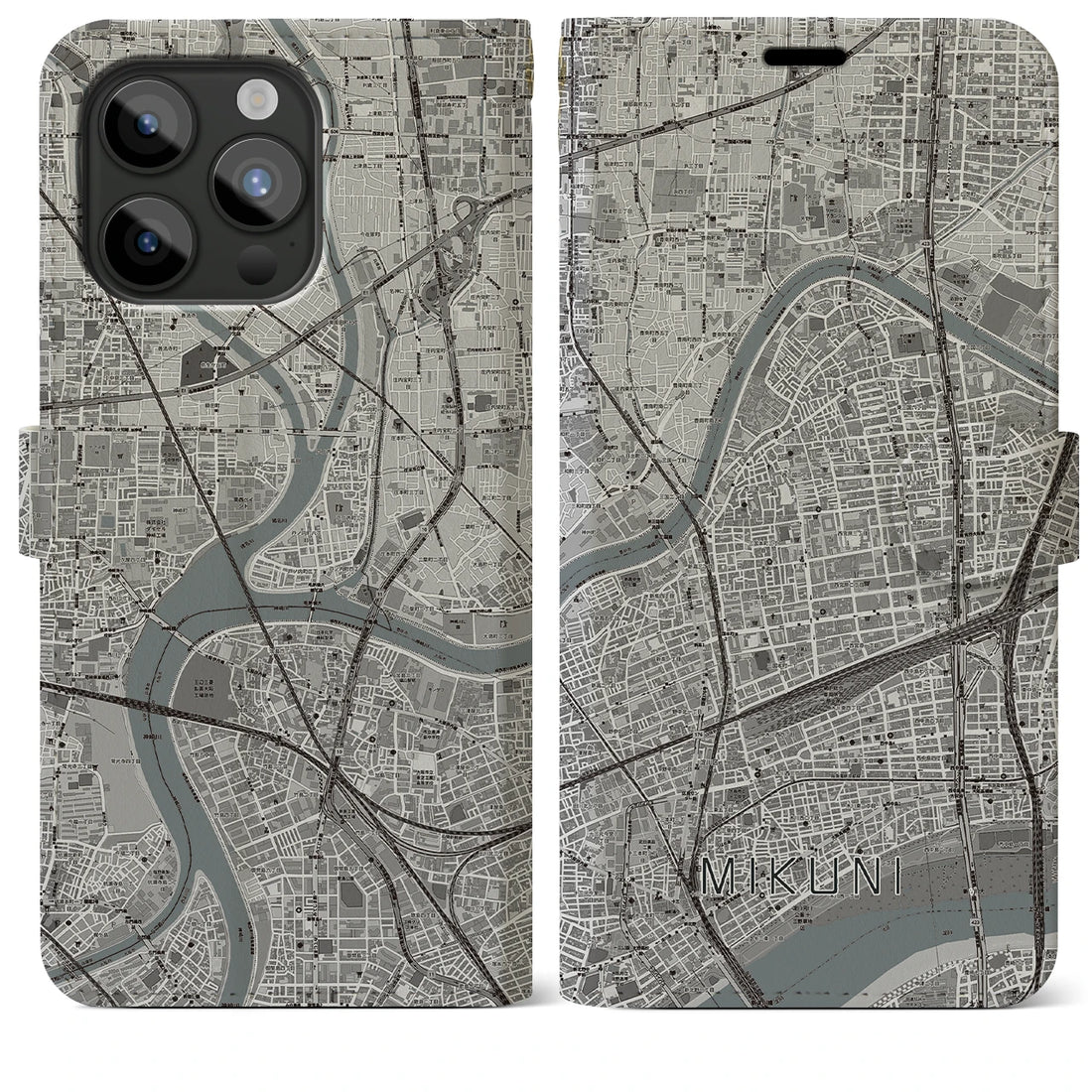 【三国（大阪府）】地図柄iPhoneケース（手帳両面タイプ・モノトーン）iPhone 15 Pro Max 用