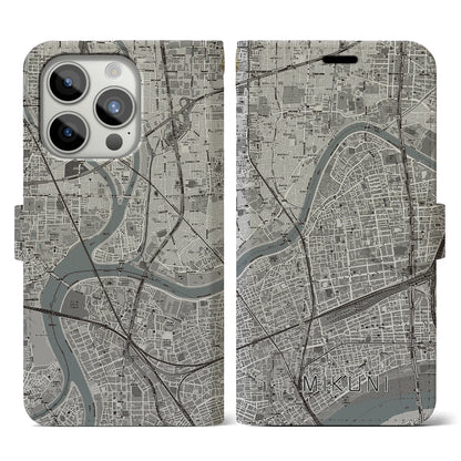 【三国（大阪府）】地図柄iPhoneケース（手帳タイプ）モノトーン・iPhone 15 Pro 用