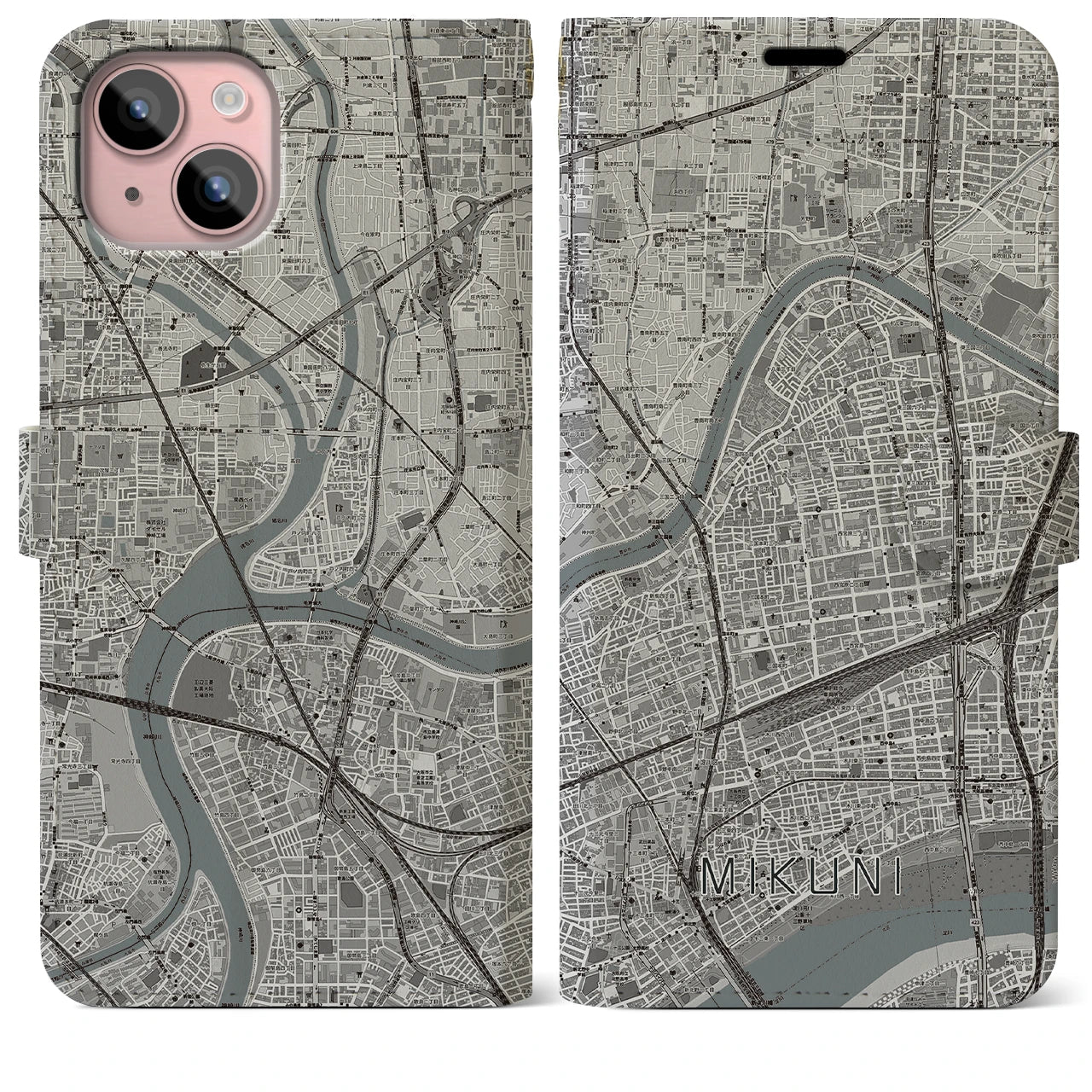 【三国（大阪府）】地図柄iPhoneケース（手帳両面タイプ・モノトーン）iPhone 15 Plus 用