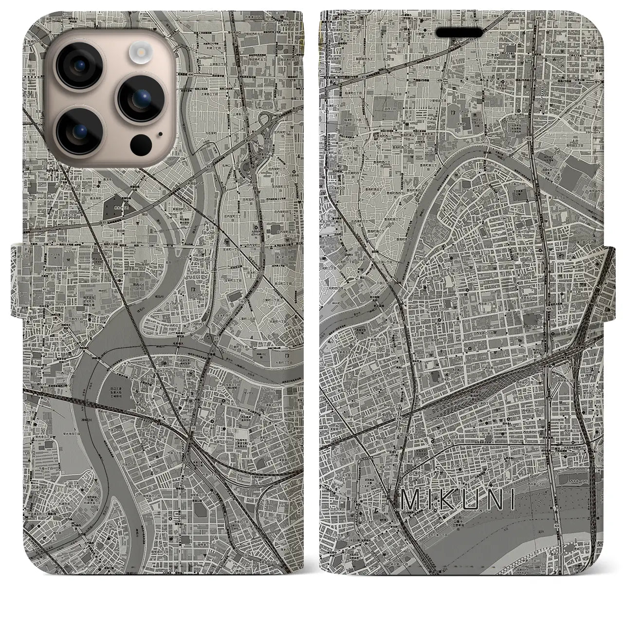 【三国（大阪府）】地図柄iPhoneケース（手帳タイプ）モノトーン・iPhone 16 Plus 用