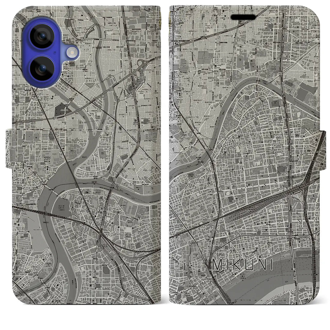 【三国(大阪府)】地図柄iPhoneケース(手帳タイプ)モノトーン・iPhone 16 Pro Max 用