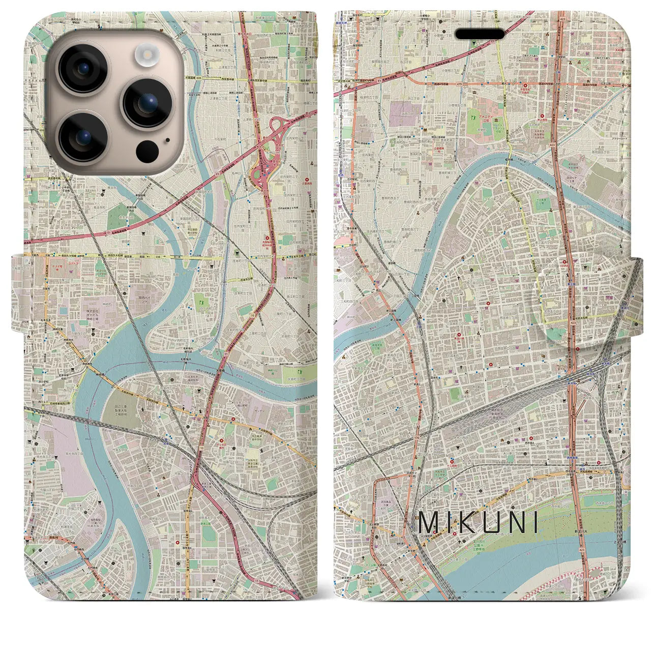 【三国（大阪府）】地図柄iPhoneケース（手帳タイプ）ナチュラル・iPhone 16 Plus 用