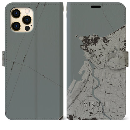 【三国（福井県）】地図柄iPhoneケース（手帳タイプ）モノトーン・iPhone 12 Pro Max 用