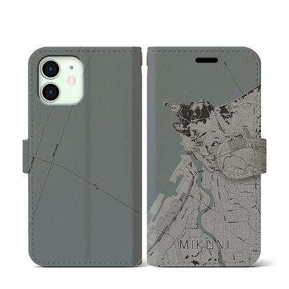 【三国（福井県）】地図柄iPhoneケース（手帳タイプ）モノトーン・iPhone 12 mini 用