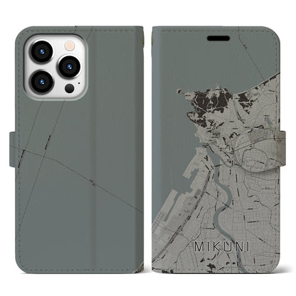 【三国（福井県）】地図柄iPhoneケース（手帳タイプ）モノトーン・iPhone 13 Pro 用