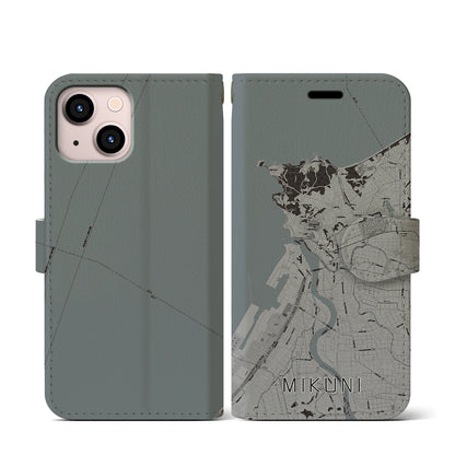 【三国（福井県）】地図柄iPhoneケース（手帳タイプ）モノトーン・iPhone 13 mini 用