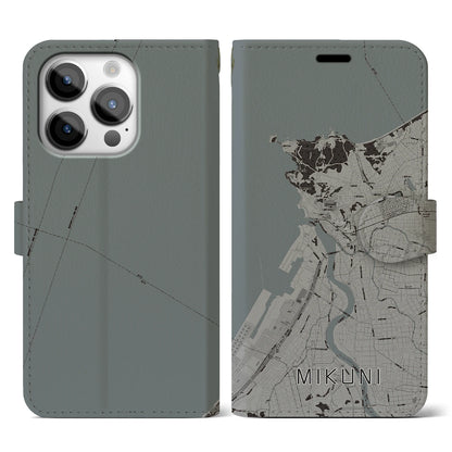 【三国（福井県）】地図柄iPhoneケース（手帳タイプ）モノトーン・iPhone 14 Pro 用