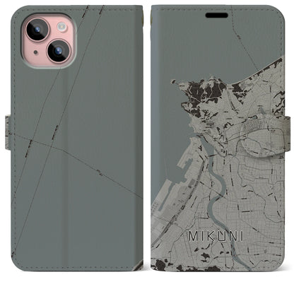 【三国（福井県）】地図柄iPhoneケース（手帳タイプ）モノトーン・iPhone 15 Plus 用