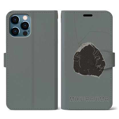 【御蔵島（東京都）】地図柄iPhoneケース（手帳タイプ）モノトーン・iPhone 12 / 12 Pro 用