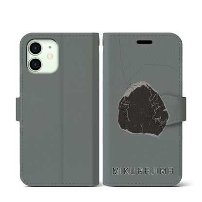 【御蔵島（東京都）】地図柄iPhoneケース（手帳タイプ）モノトーン・iPhone 12 mini 用