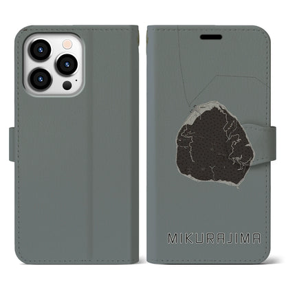 【御蔵島（東京都）】地図柄iPhoneケース（手帳タイプ）モノトーン・iPhone 13 Pro 用