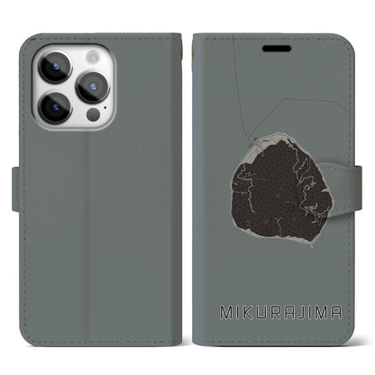 【御蔵島（東京都）】地図柄iPhoneケース（手帳タイプ）モノトーン・iPhone 14 Pro 用