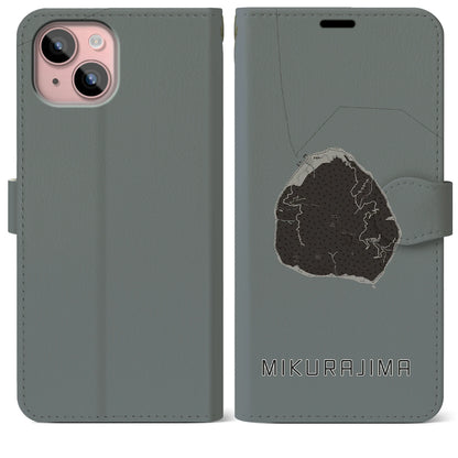 【御蔵島（東京都）】地図柄iPhoneケース（手帳タイプ）モノトーン・iPhone 15 Plus 用