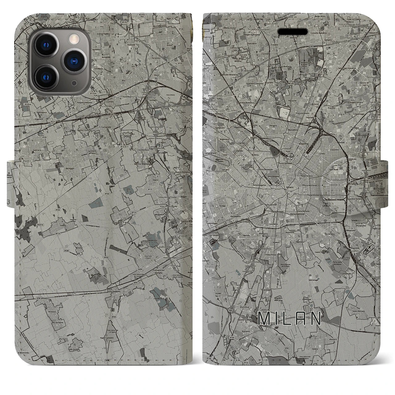 【ミラノ】地図柄iPhoneケース（手帳両面タイプ・モノトーン）iPhone 11 Pro Max 用