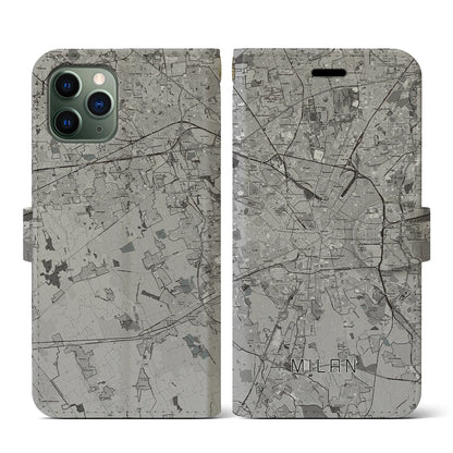 【ミラノ（イタリア）】地図柄iPhoneケース（手帳タイプ）モノトーン・iPhone 11 Pro 用