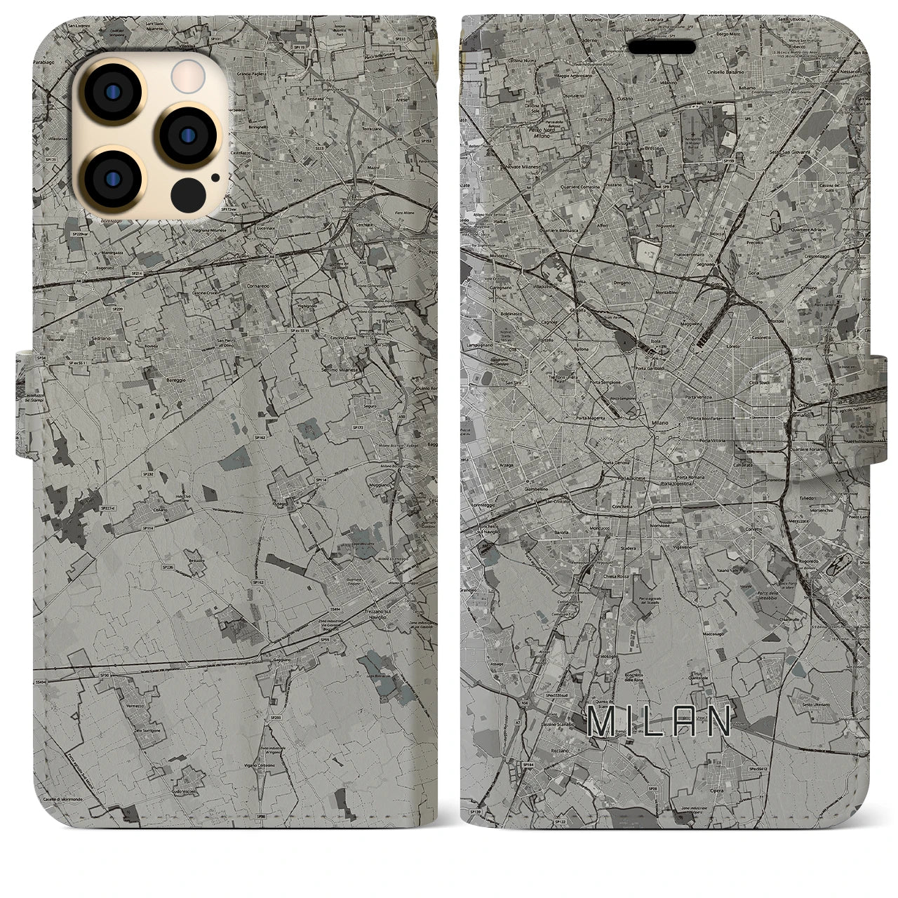 【ミラノ】地図柄iPhoneケース（手帳両面タイプ・モノトーン）iPhone 12 Pro Max 用