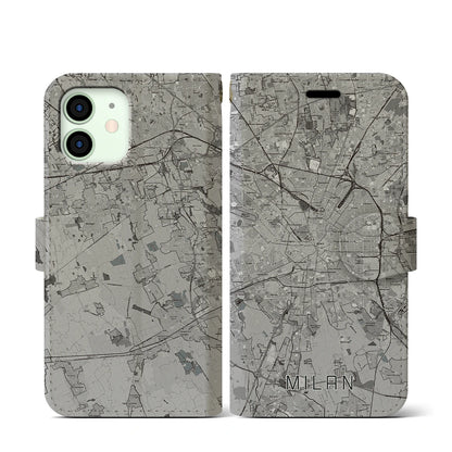 【ミラノ（イタリア）】地図柄iPhoneケース（手帳タイプ）モノトーン・iPhone 12 mini 用